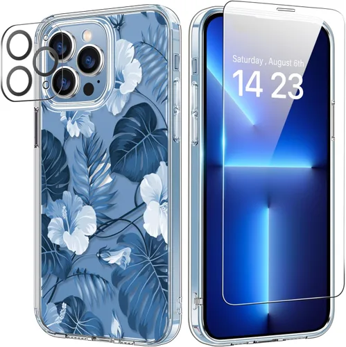 Vista 20 de bicol Funda para iPhone 13 con protector de pantalla y lente de cámara, diseños florales de moda para mujeres y niñas, funda acrílica transparente a