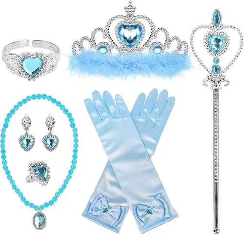 Accesorios de disfraz de princesa, guantes de princesa, BIBUTY juego de 7 piezas para niñas pequeñas con corona de princesa, varita, guantes,