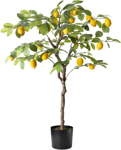 Limonero artificial, planta de limón artificial de 4 pies de alto en maceta, árbol frutal de limón sintético para decoración interior del hogar,