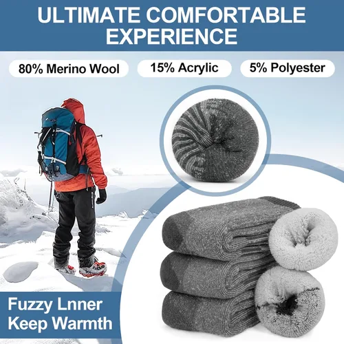 Vista 3 de 80% Merino Wool Socks for Men Women, Warm Thermal Hiking Socks, Winter Cushioned Boot Socks 3 Pairs