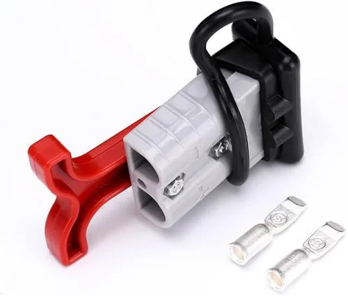 Vista 2 de Carcasa gris de 600 V y 50 amperios, conector de cable de alimentación de batería de 2 vías, mango en T rojo y cubierta negra a prueba de polvo