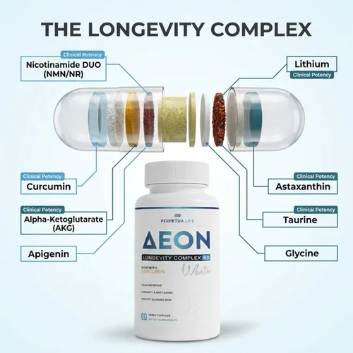 Vista 3 de AEON Longevity Complex White, Suplemento con curcumina, NMN (mononucleótido de nicotinamida), AKG, glicina y taurina, apoya el envejecimiento