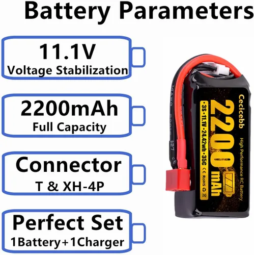 3S 11.1V Lipo Batería 2200mAh 35C con conector T para vehículos RC Car Vehículos RC Barco Drone Avión Quadcopter Helicóptero FPV 1 Pack con cargador