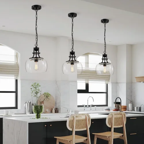 Vista 8 de WUZUPS Candelabro Colgante de Techo LED Industrial Rústico de Granja Redondo con Pantallas de Vidrio Transparente para Comedor Cocina Isla Vestíbulo
