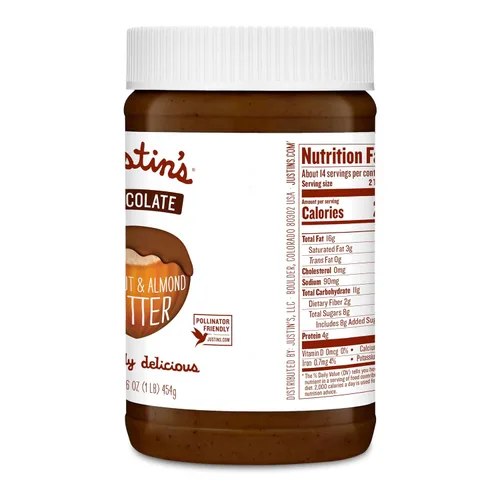 Vista 2 de Justin's Chocolate con avellanas y mantequilla de almendras, cacao orgánico, sin revuelta, sin gluten, de origen responsable, tarro de 16 onzas