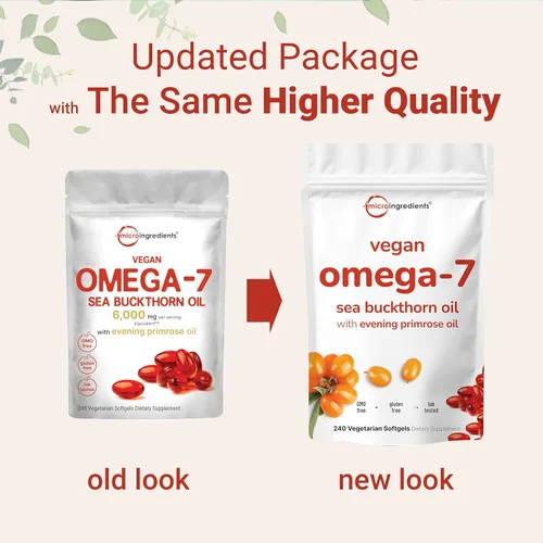 Vista 3 de Aceite vegano de espino amarillo Omega 7 de 6,000 mg, 240 cápsulas blandas vegetarianas 2 en 1 con aceite de onagra Soporte natural