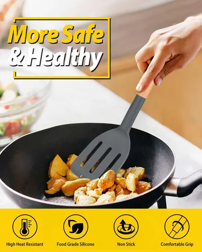 Vista 3 de Paquete de 2 espátulas de cocina de silicona, volteador sólido resistente al calor, espátulas ranuradas antiadherentes con mango corto de madera