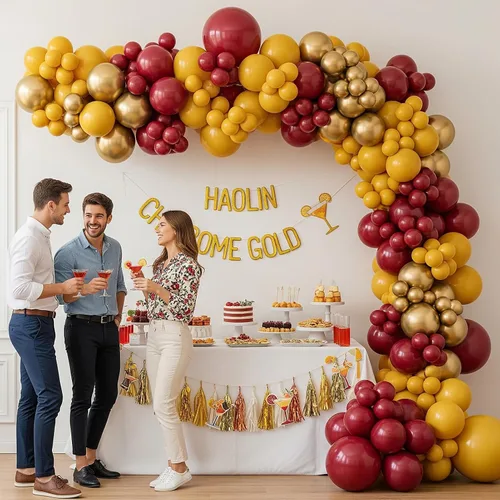 Vista 2 de Kit de arco de guirnalda de globos color granate y dorado, 132 piezas con globos dorados burdeos amarillo limón para graduaciones de cumpleaños