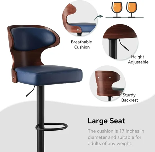 Vista 12 de Nalupatio Juego de 3 taburetes de bar con altura ajustable de 24.5 a 33.5 pulgadas, taburetes de bar giratorios de madera curvada con respaldo
