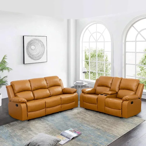 Juego de sofá reclinable manual, de cuero regenerado, para sala de estar, sofás reclinables de cuero con portavasos, consola de almacenamiento,