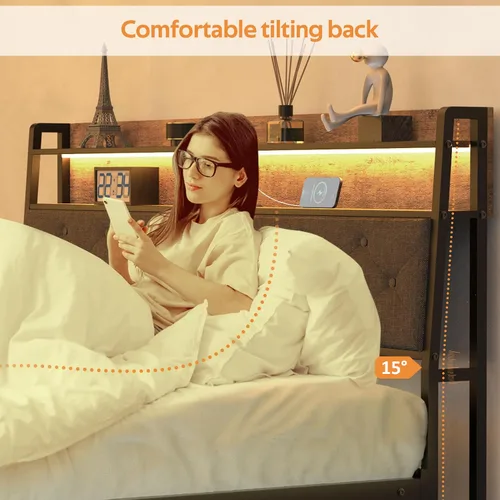 Vista 5 de Winkalon Base de cama matrimonial con cabecera ergonómica, base de cama de plataforma con luces RGB, tomas de corriente y cargador, cama de montaje