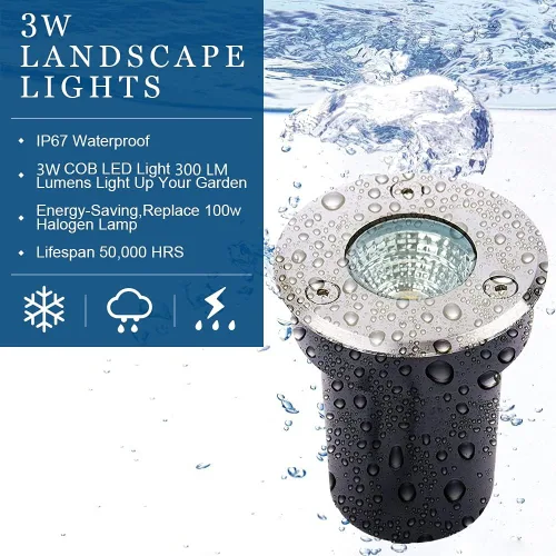 Vista 3 de Paquete de 12 luces LED de bajo voltaje de 3 W, luces de pozo de 12 V/24 V CA/CC, luz impermeable IP67 en tierra e iluminación de paisaje
