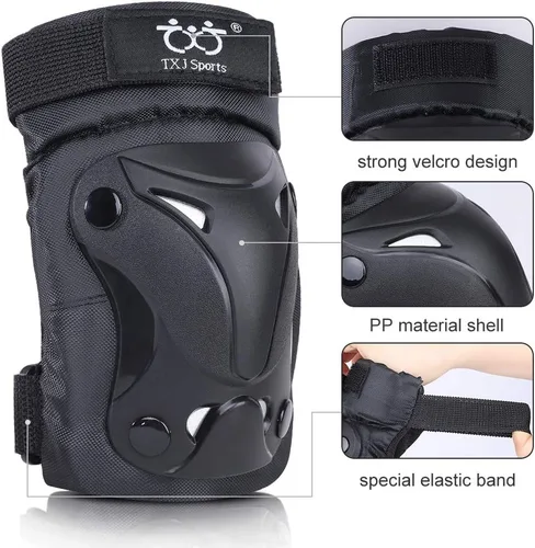 Vista 3 de Rodilleras y coderas para niños y jóvenes con protectores de muñeca, equipo de protección para patinaje, patinaje, ciclismo, scooter y deportes Negro