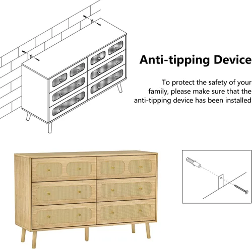 Vista 7 de Cómoda de ratán para dormitorio, cómoda doble moderna de 6 cajones con asas doradas, cómodas de almacenamiento de madera natural y cómodas, cómodas