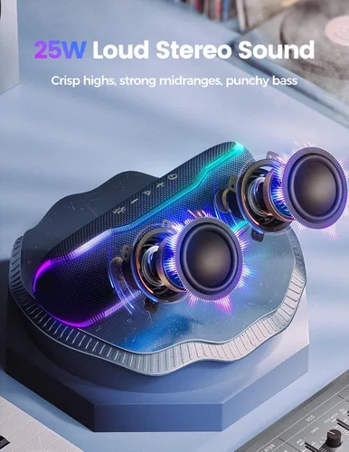Vista 2 de ERKEI SEHN Altavoz Bluetooth, altavoces inalámbricos impermeables IPX7, luz intermitente, súper graves de 25 W, tiempo de reproducción de 24 horas