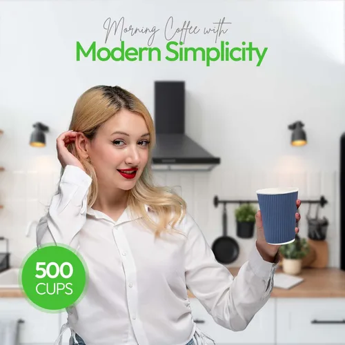 Vista 5 de Vasos de café de papel aislado de pared corrugada, 12 onzas, 12 onza, Azul