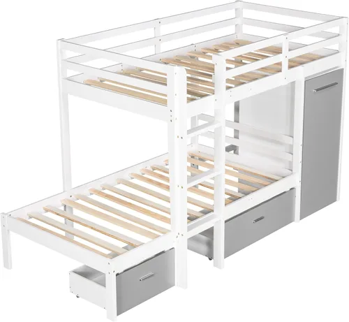 Vista 17 de Elegante litera individual sobre matrimonial con escaleras y barandillas de seguridad, la cama de plumón se puede convertir en sofá cama