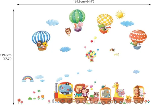 Vista 4 de Tren de animales y globos aerostáticos para decorar la pared de la habitación del bebé, niño, recámara y sala de estar, de Decowall DA-1406