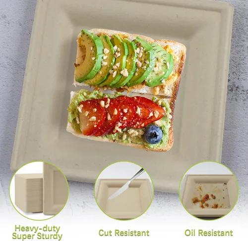 Vista 3 de Platos desechables de 6 pulgadas, paquete de 50 platos cuadrados 100% compostables, platos de bagazo biodegradables y ecológicos, platos de cena