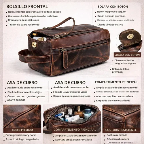 Vista 3 de Bolsa de aseo unisex de cuero de búfalo genuino, hecha con cuero de búfalo de alta calidad Marrón