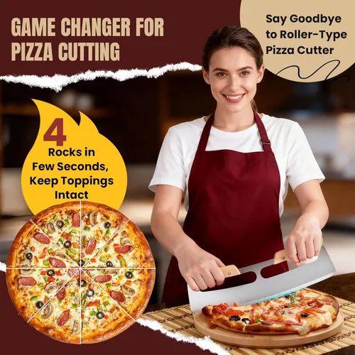 Vista 2 de Cortador de pizza balancín con mango de madera, cortador balancín de pizza premium de 14 pulgadas con hoja de acero inoxidable afilada y cubierta