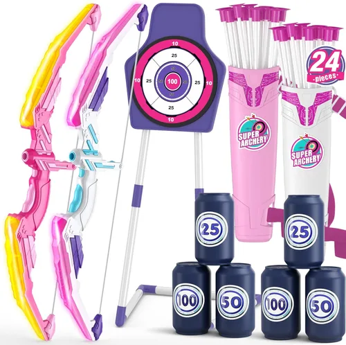 Vista 13 de HYES Arco y flecha para niños, juego de tiro con arco con luz LED con 12 flechas de ventosa, 1 objetivo para colgar, 3 objetivos de puntuación y 1