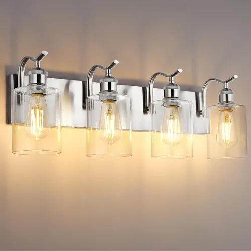 Vista 4 de Lámpara de tocador de baño con 4 luces, aplique de pared de níquel cepillado, lámpara de baño moderna con vidrio transparente, VL01BN-4