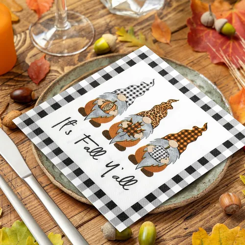 Vista 6 de AnyDesign Paquete de 80 servilletas de papel desechables de otoño con texto en inglés "It's Fall Y'all" Servilletas de almuerzo a cuadros, gnomo