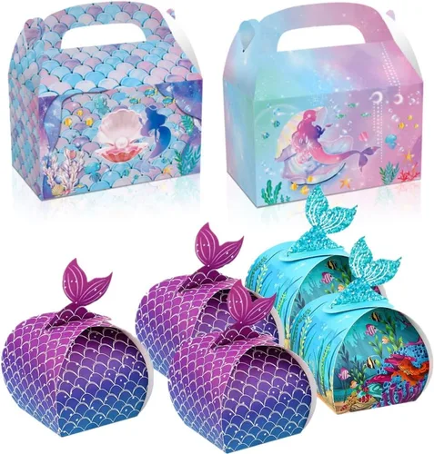 Paquete de 28 cajas de regalo de fiesta de sirena, bolsas de regalo de papel, cajas de regalo de dulces de golosinas, suministros de fiesta temática