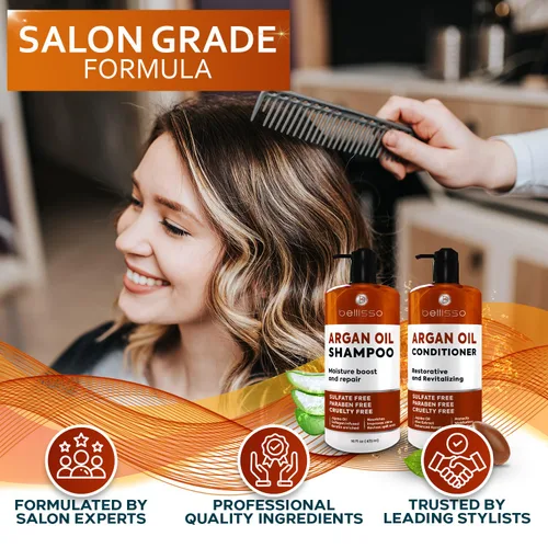 Vista 5 de BELLISSO - Set de champú y acondicionador con aceite de argán marroquí, sin sulfatos/parabenos, ingredientes botánicos, hidratante profesional
