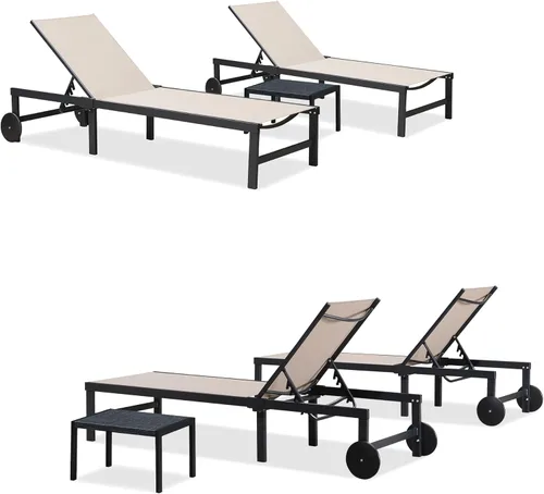 Vista 27 de PURPLE LEAF Juego de Sillas Tumbonas Reclinables para Exteriores, Silla Reclinable de Aluminio Ajustable con Ruedas y Mesa Auxiliar para Piscina