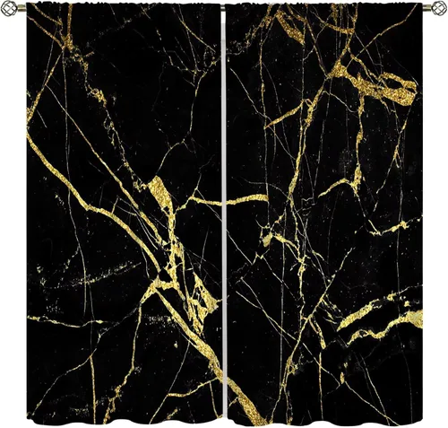 Cortinas abstractas con estampado de mármol negro y dorado, patrón retro para sala de estar, cocina, dormitorio, paneles opacos de 42 x 45 pulgadas
