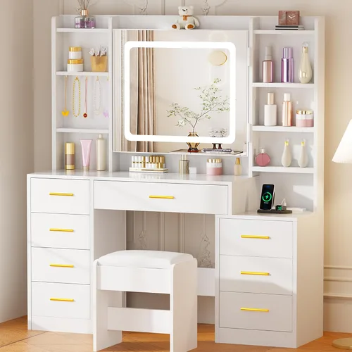 Vista 7 de BEWISHOME Escritorio grande con espejo y luces, mesa de maquillaje blanca con toma de corriente, escritorio de maquillaje con 8 cajones, 7 estantes