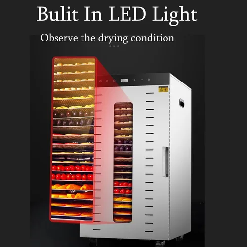 Vista 3 de Máquina deshidratadora de alimentos eléctrica comercial con ruedas, 1700 W, 20 bandejas, deshidratador de alimentos de acero inoxidable para carne