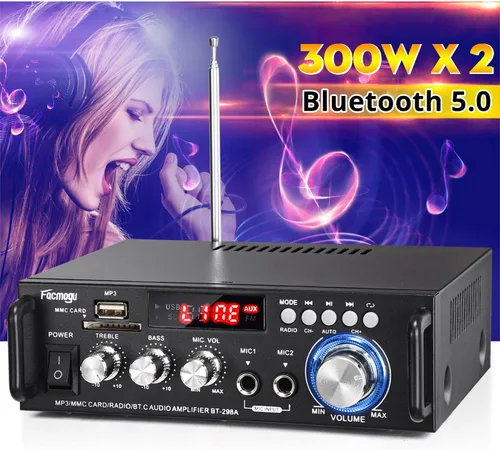 Vista 2 de Facmogu 298A Amplificador de Audio Estéreo Inalámbrico Bluetooth 5.0 Máx 300Wx2, Amplificador de Potencia RMS 40Wx2 Receptor Estéreo de 2 Canales