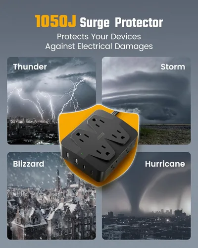 Vista 31 de Cable de extensión de 10 pies con múltiples tomas, tira de alimentación con protector de sobretensiones de enchufe plano, cable de 10 pies de largo