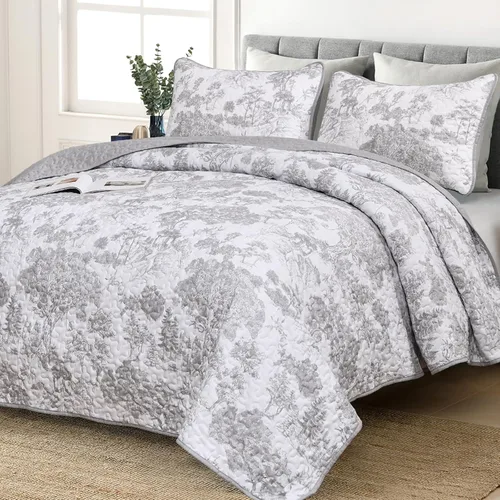 Vista 12 de WONGS BEDDING Juego de edredón azul tamaño individual, juego de 2 piezas de colchas botánicas de microfibra ligera con patrón de plantas de toile