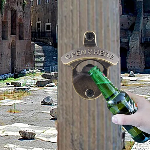 Vista 4 de Abridor de tapas de botellas montado en la pared de bronce antiguo con imanes, soporte de poste magnético retro para abridor de botellas