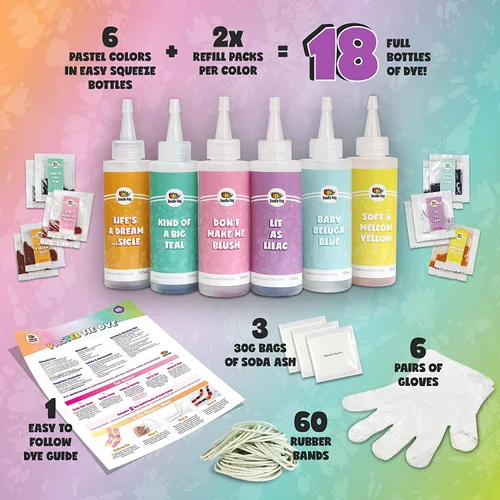 Vista 2 de Kit de tinte para corbata pastel (kits de troqueles de tiros) crea diseños personalizados coloridos con 6 botellas de tinte de tela y 12 recambios.