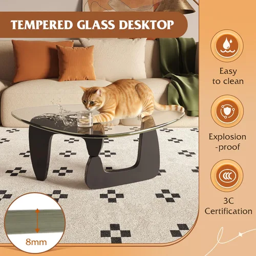 Vista 5 de WLIVE Mesa de café, mesa de café pequeña de vidrio con patas de madera maciza, mesas de sala de estar triangulares de 32.7" de mediados de siglo