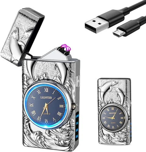 Vista 14 de Encendedor eléctrico con reloj YOZWOO USB recargable con luz LED, encendedores de plasma de doble arco con pantalla LED de alimentación para velas