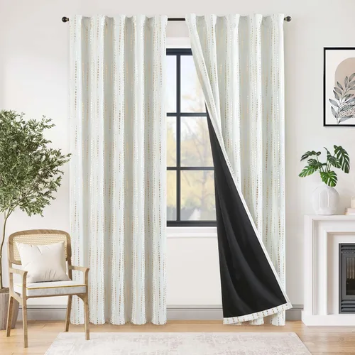 Vista 30 de jinchan - Cortinas bohemias 100% blackout de 54 pulgadas de largo para dormitorio, estampado geométrico negro sobre beige, con ojales