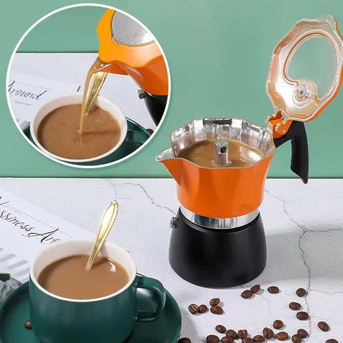Vista 6 de CHICIRIS Cafetera, 1 taza de 5.1 fl oz5 onzas, cafetera de café italiano, cafetera con tapa de vidrio, para café italiano y cubano (naranja y negro)