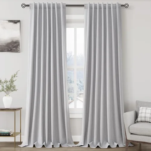 Vista 17 de Cortinas de lino verde aguamarina de 102 pulgadas de largo con pestaña trasera, bolsillo para barra, cortinas de lino opacas que absorben el sonido
