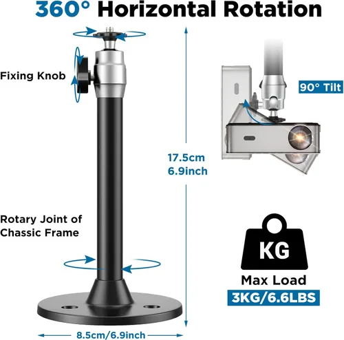Vista 6 de DAWASAPAT Soporte de montaje para proyector de techo, soporte ajustable para proyector colgante de inclinación y giratorio, soporte de montaje