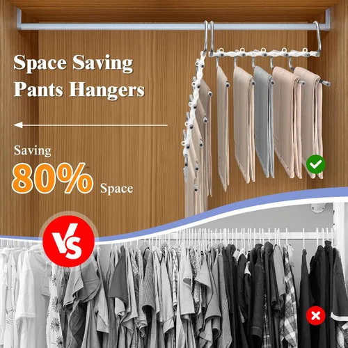 Vista 4 de SAN LIKE - Paquete de 2 perchas para pantalones de 5 capas que ahorran espacio, de acero inoxidable, 20 clips fijos, antideslizantes