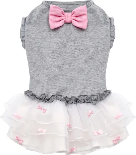 KYEESE Vestido para perros gris con corbatín rosa para mascotas, ropa para cachorros para perros pequeños, falda para perros