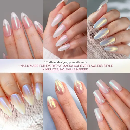 Vista 4 de Pretty Diva Juego de polvo de cromo perlado de 7 colores, polvo de cromo perla blanca mágica para uñas Aurora iridiscente perla cromo polvos