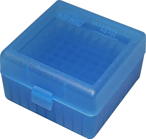 MTM, caja para 100 municiones de fusil 17, 204, 223, 5.56 x 45, 6 x 47, Azul Claro