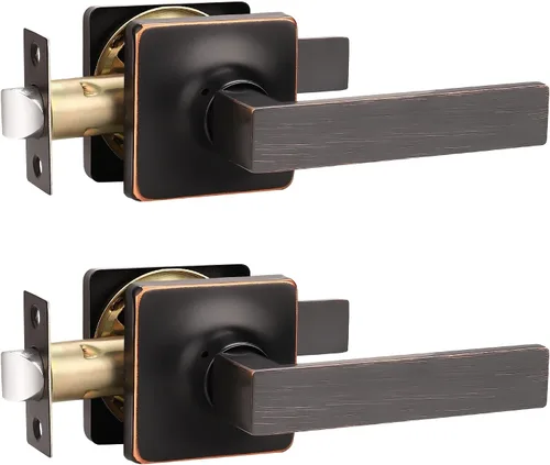 Vista 10 de GOBEKOR Paquete de 1 manija cuadrada para puerta de paso de bronce aceitado para puerta de pasillo, armario, cerradura de puerta, perilla de puerta